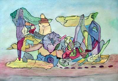 abstract water color, fantasy landscape NTI-004, with coconuts