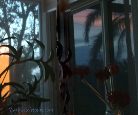 sunset reflections in a sliding glass door