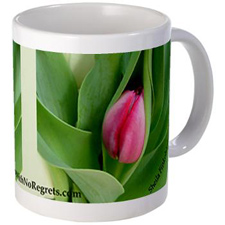 pink tulip bud on love with no regrets mug looking at it from the right side